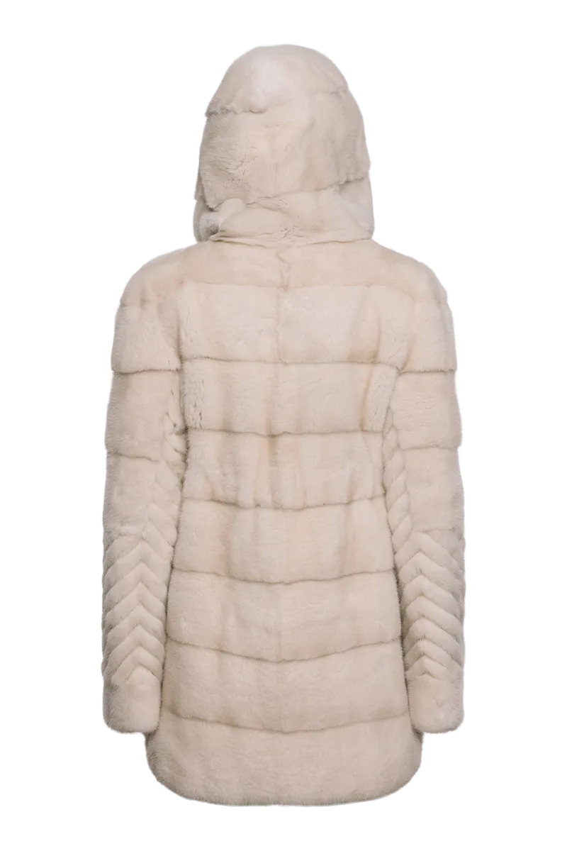 Hooded Horizontal & Chevron Pearl Mink Fur Jacket