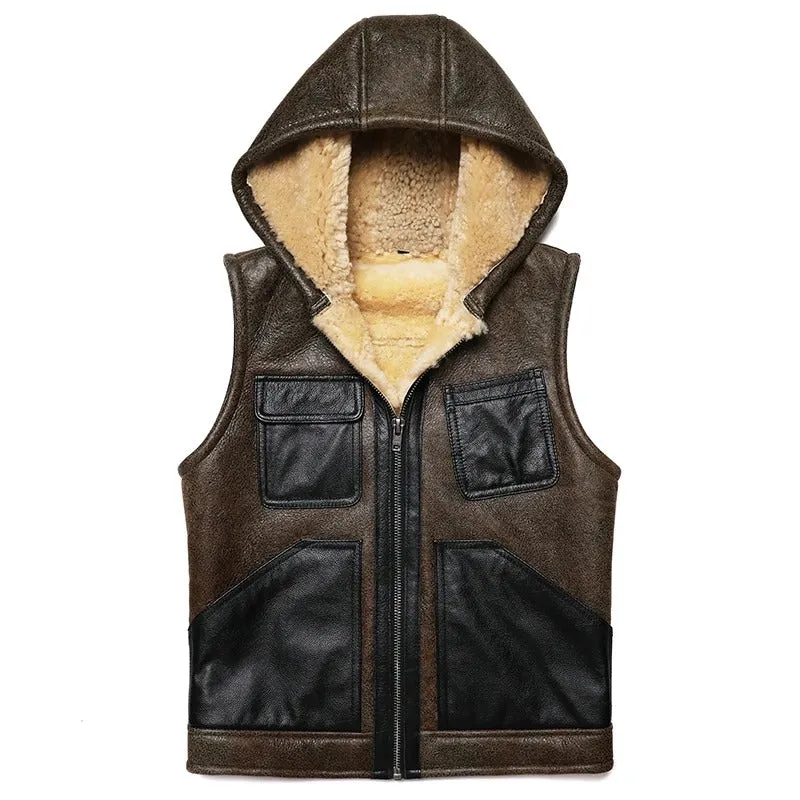 Hooded Shearling Leather Vest for Men