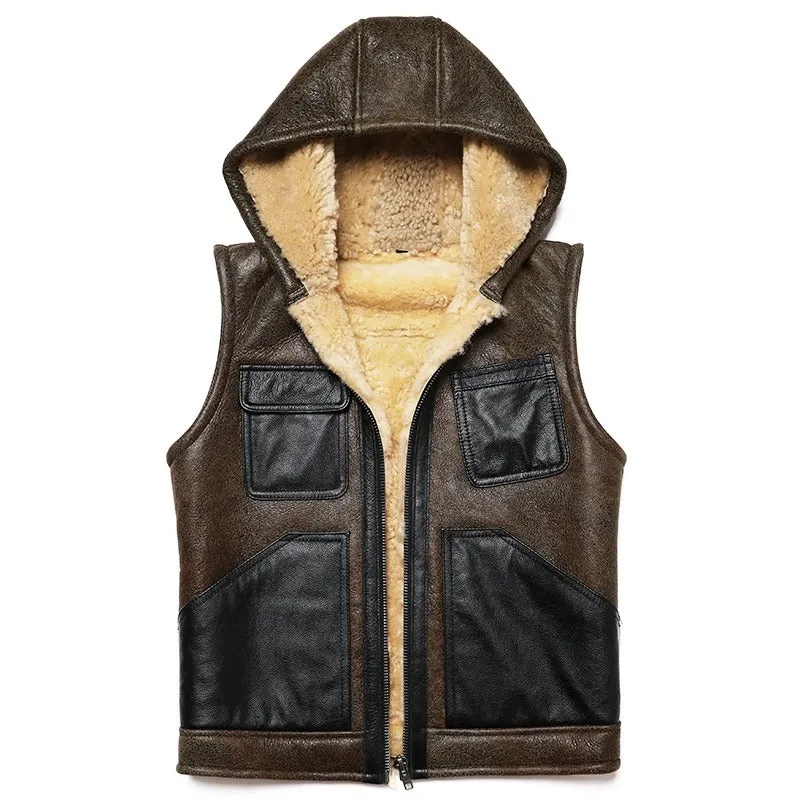 Hooded Shearling Leather Vest for Men