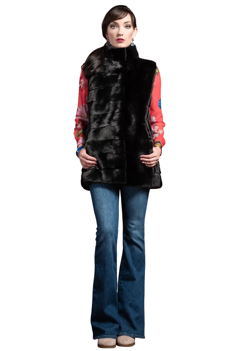 Horizontal Mink Fur Vest - Stand-Up Collar