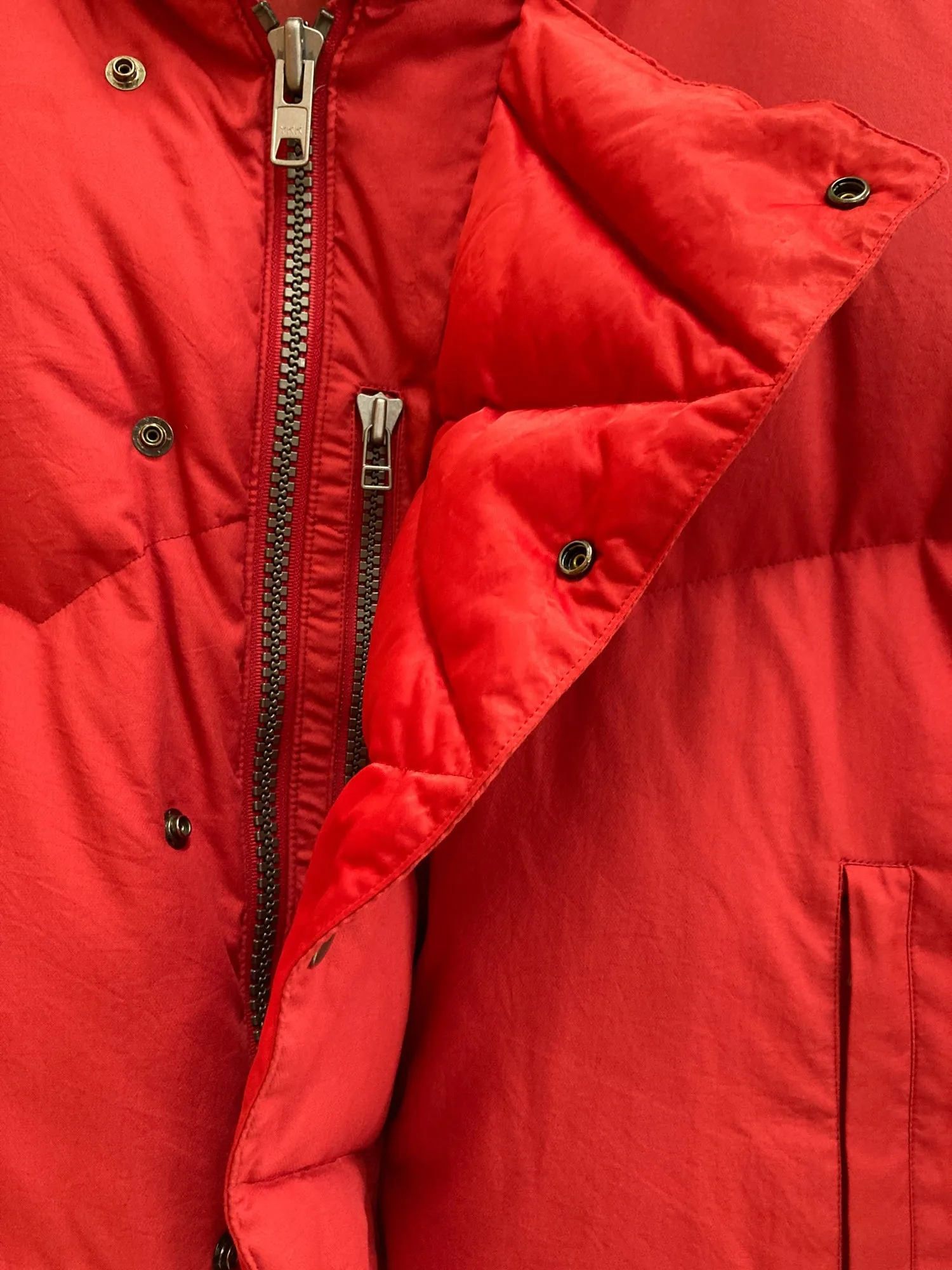 Issey Miyake 1990s red polyester collar hood multi pocket down jacket - mens L M