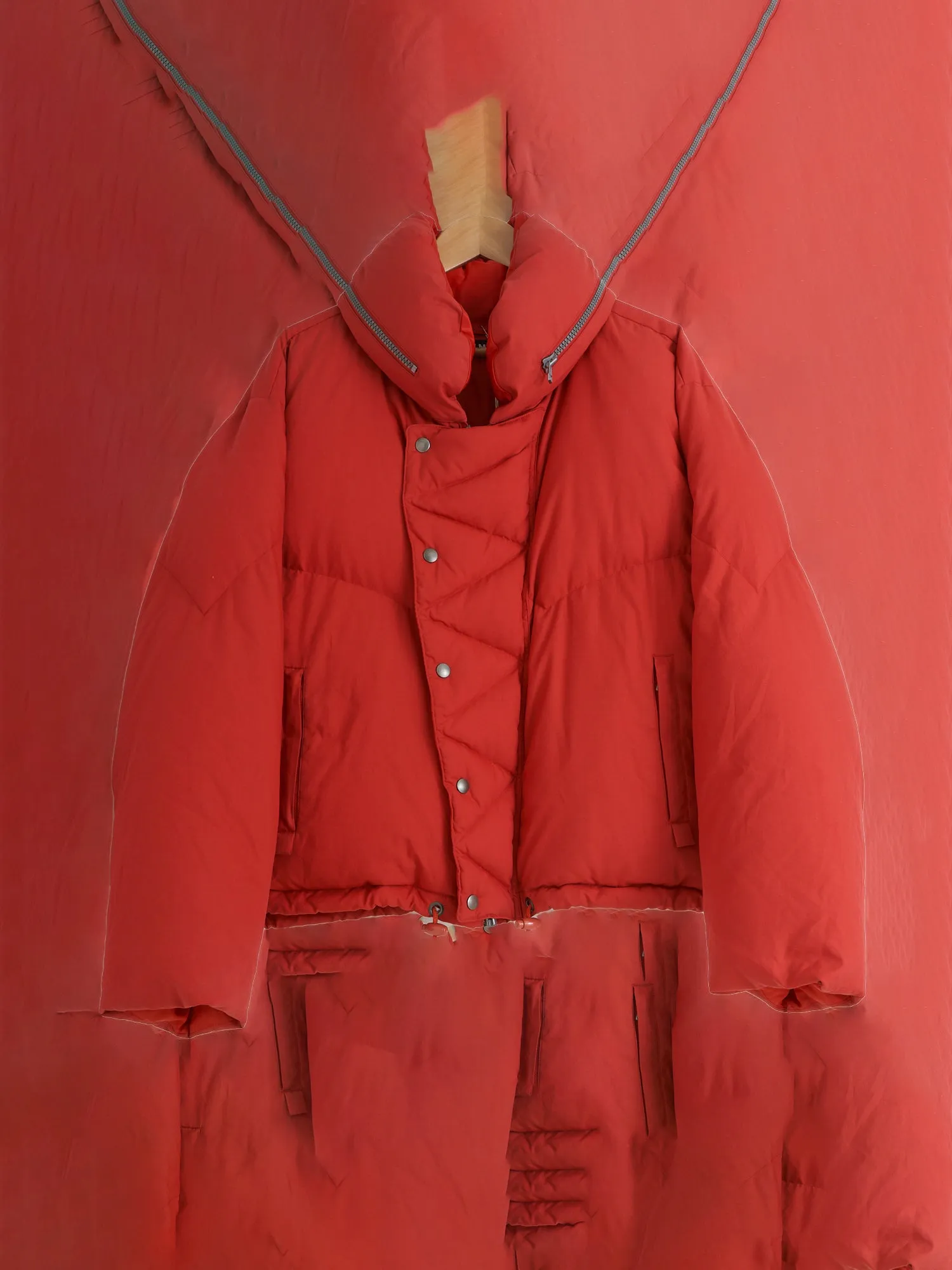 Issey Miyake 1990s red polyester collar hood multi pocket down jacket - mens L M