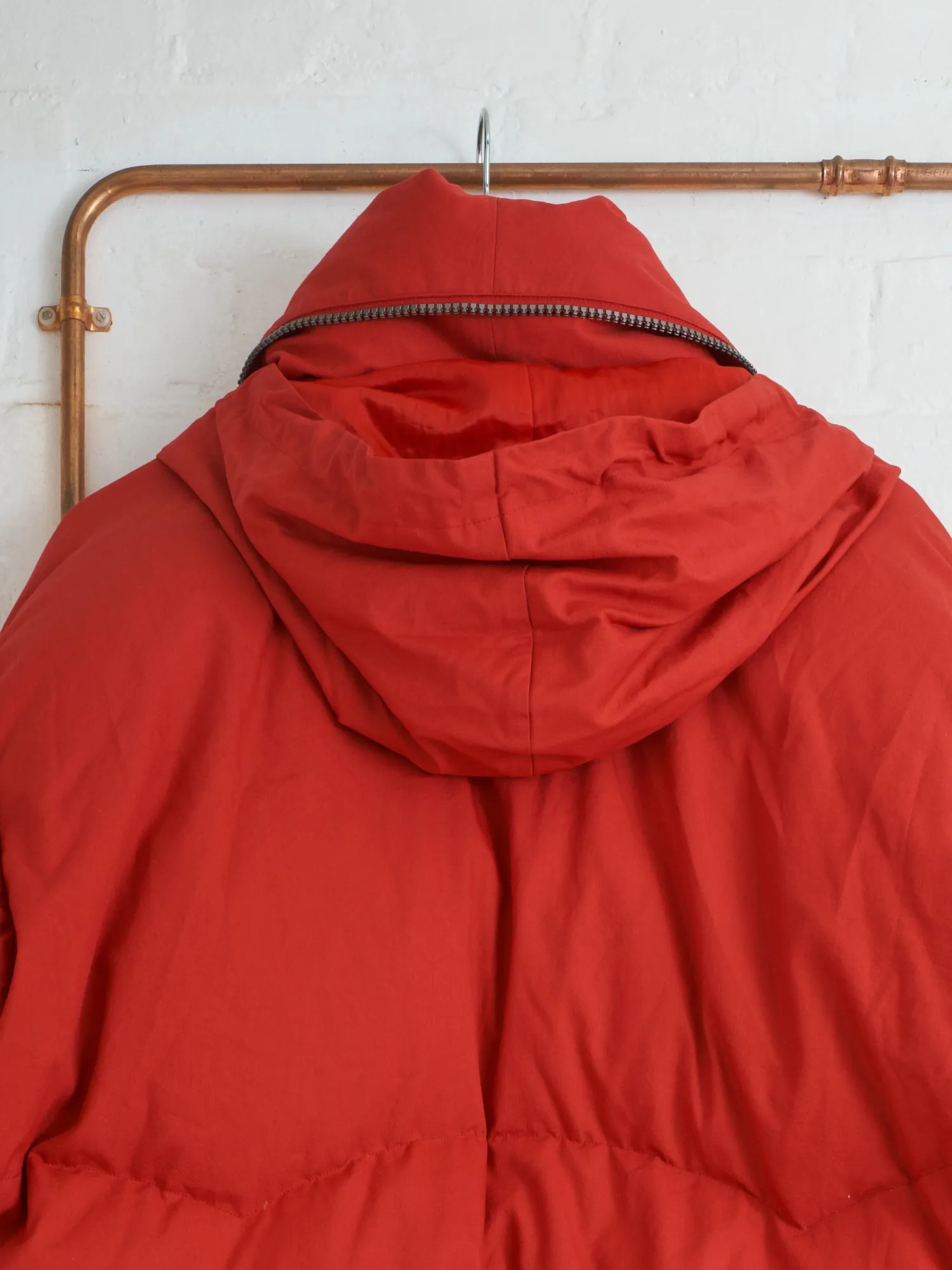 Issey Miyake 1990s red polyester collar hood multi pocket down jacket - mens L M