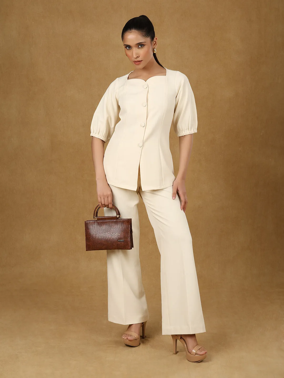 Ivory Pleated High Waist Wide Leg Trouser