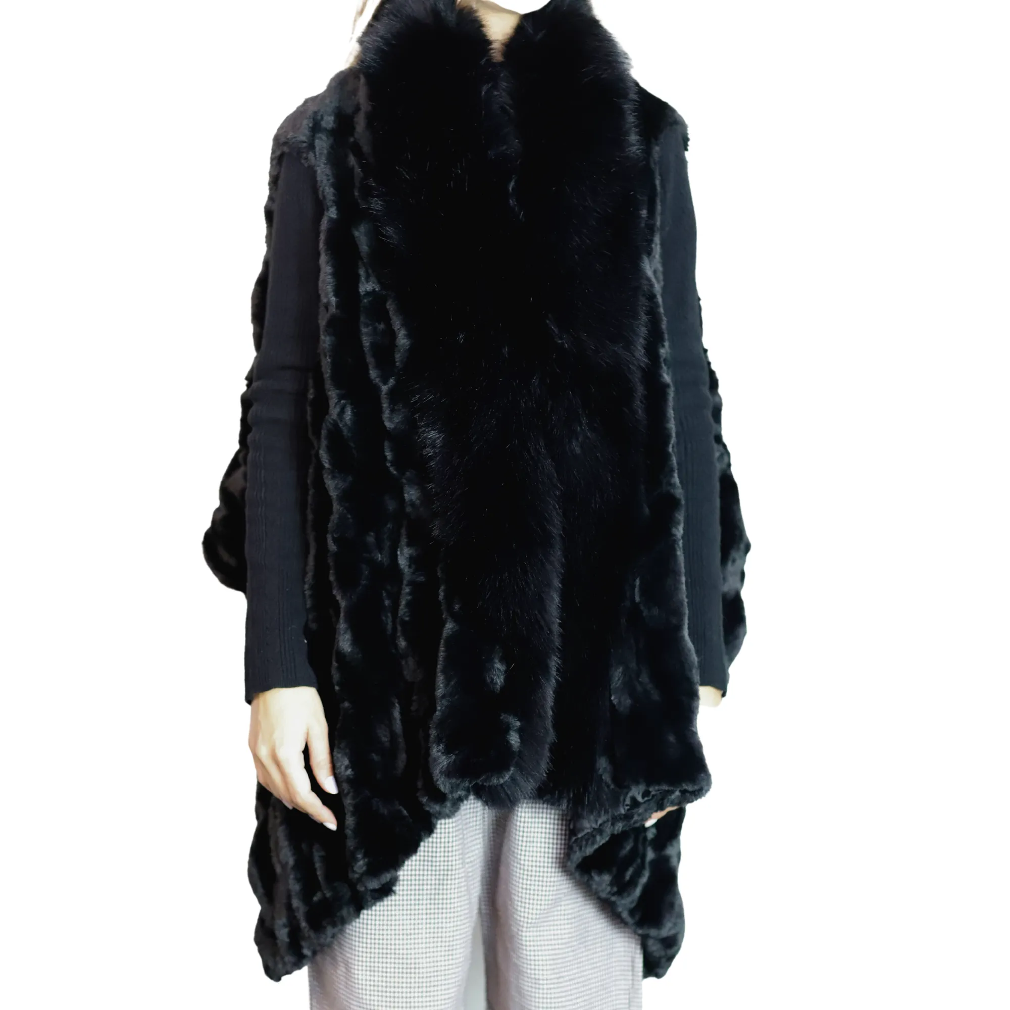 La Fiorentina Chic Black Faux Fur Vest - One Size (66 in x 26 in)