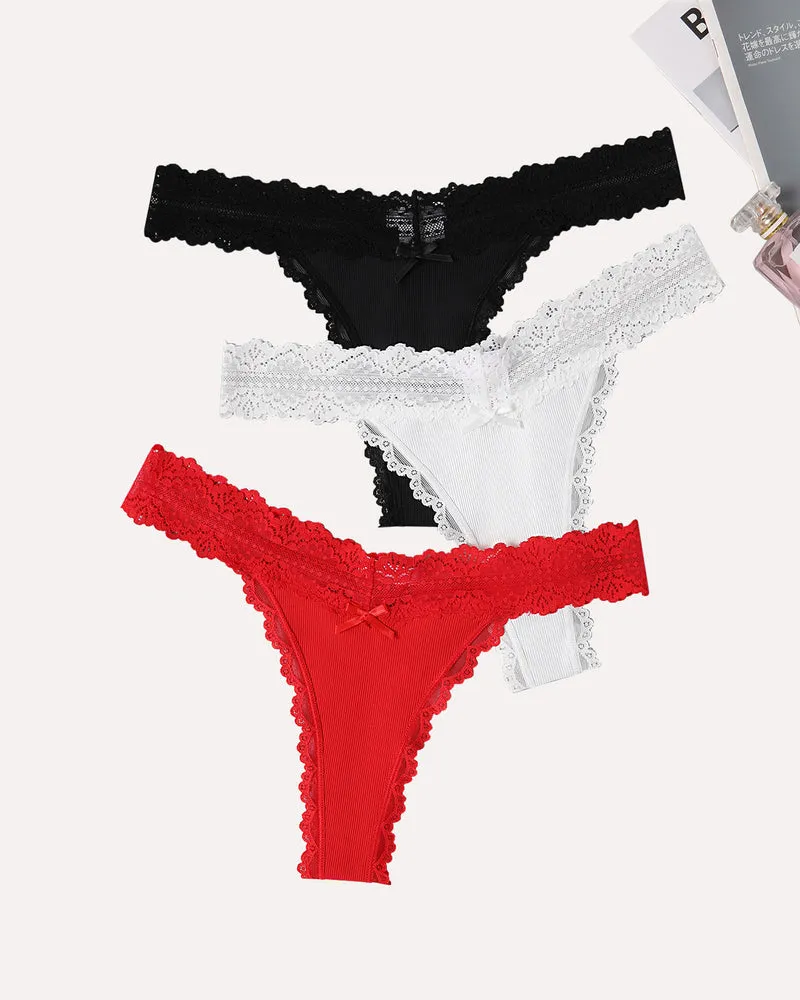 Lace Waist Thongs Ribbed T Back Panties