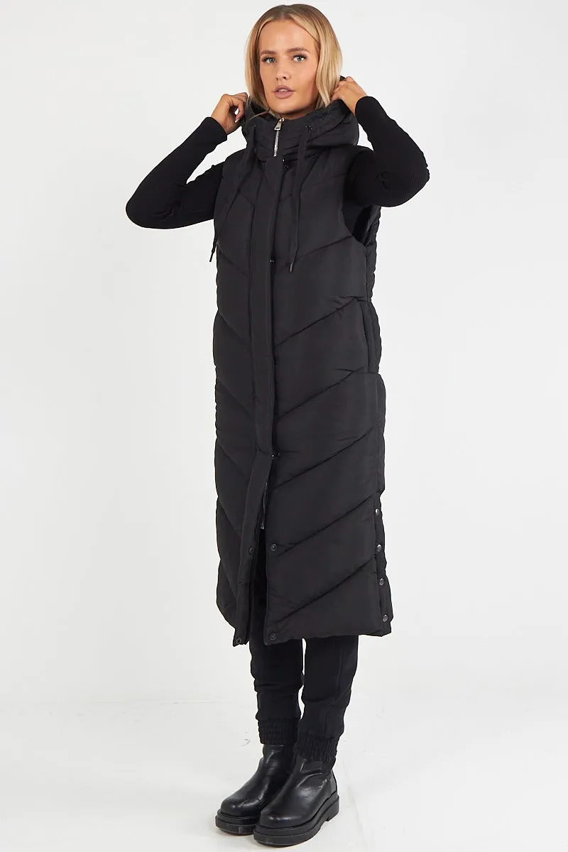 LADIES LONG PADDED HOODED VEST JACKET-BLACK