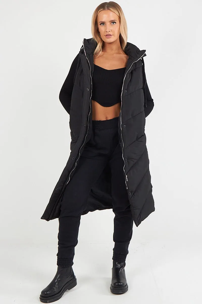 LADIES LONG PADDED HOODED VEST JACKET-BLACK