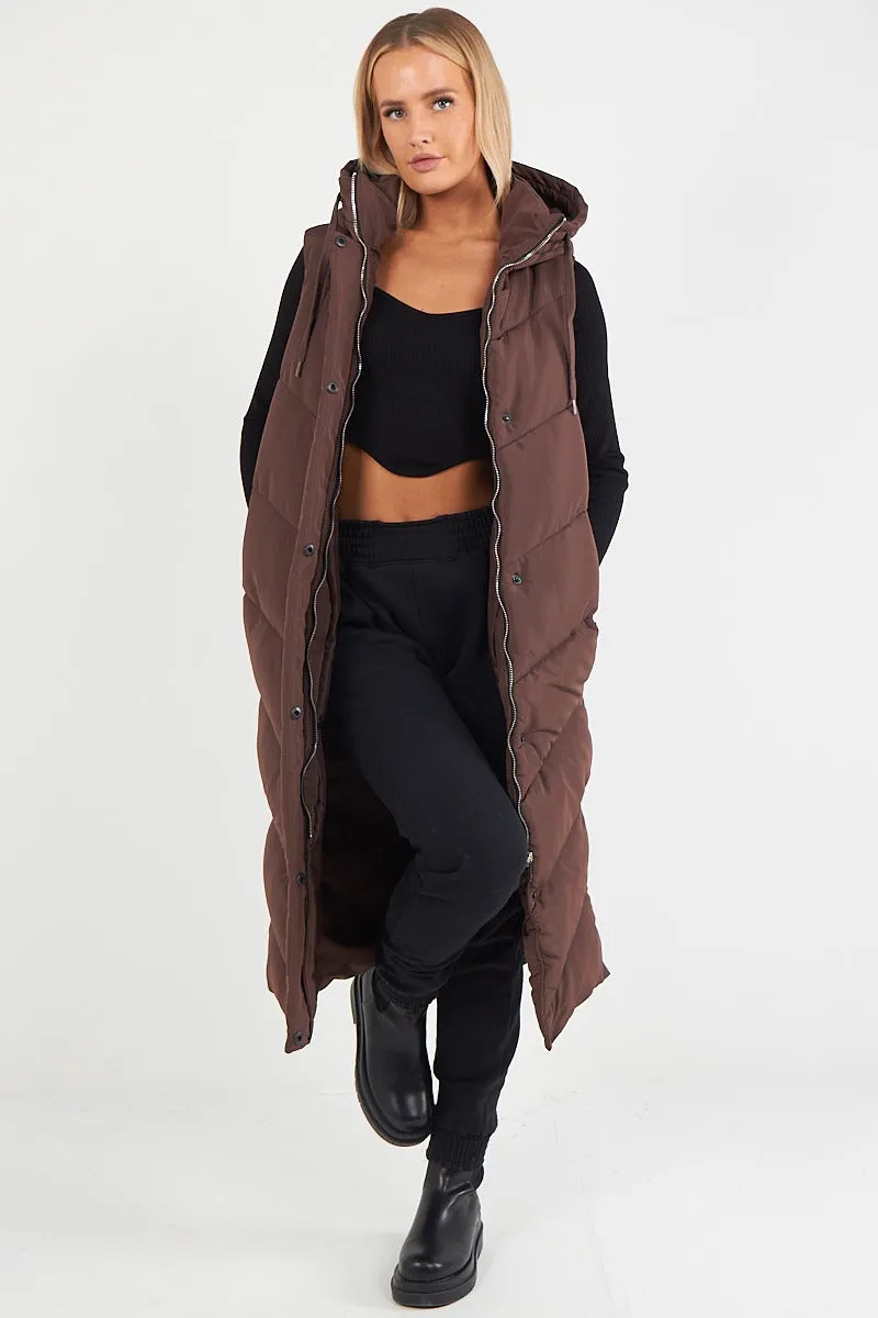 LADIES LONG PADDED HOODED VEST JACKET-CHOCOLATE