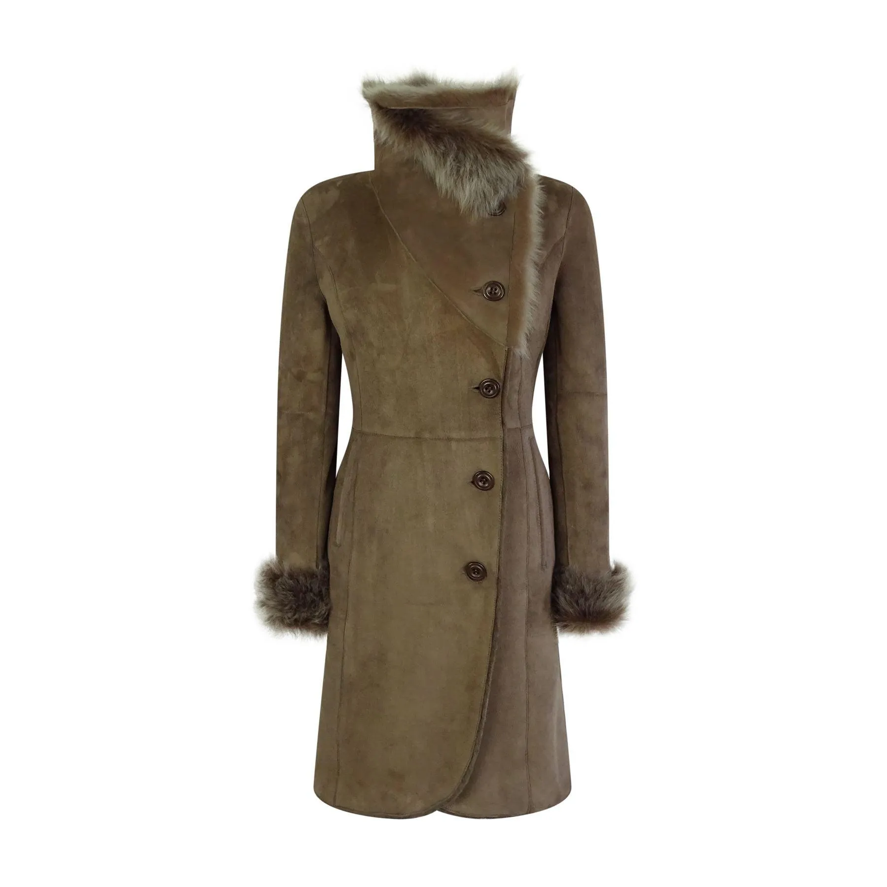 Ladies Real Sheepskin Jacket Suede Button Tailored Fit 3/4 Long Trench Coat Italian