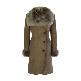 Ladies Real Sheepskin Jacket Suede Button Tailored Fit 3/4 Long Trench Coat Italian