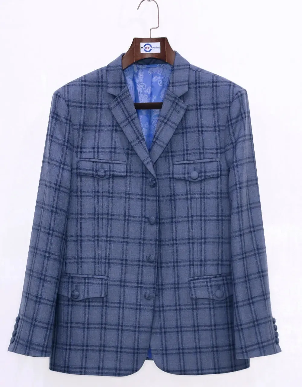 Light Blue Windowpane Check Tweed 4 Button Jacket Size 40R