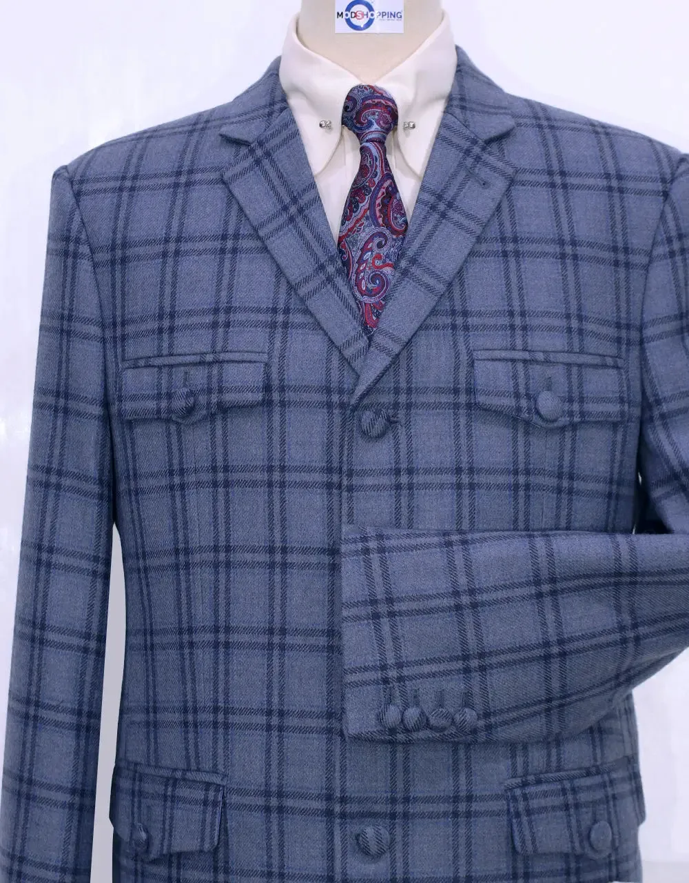 Light Blue Windowpane Check Tweed 4 Button Jacket Size 40R