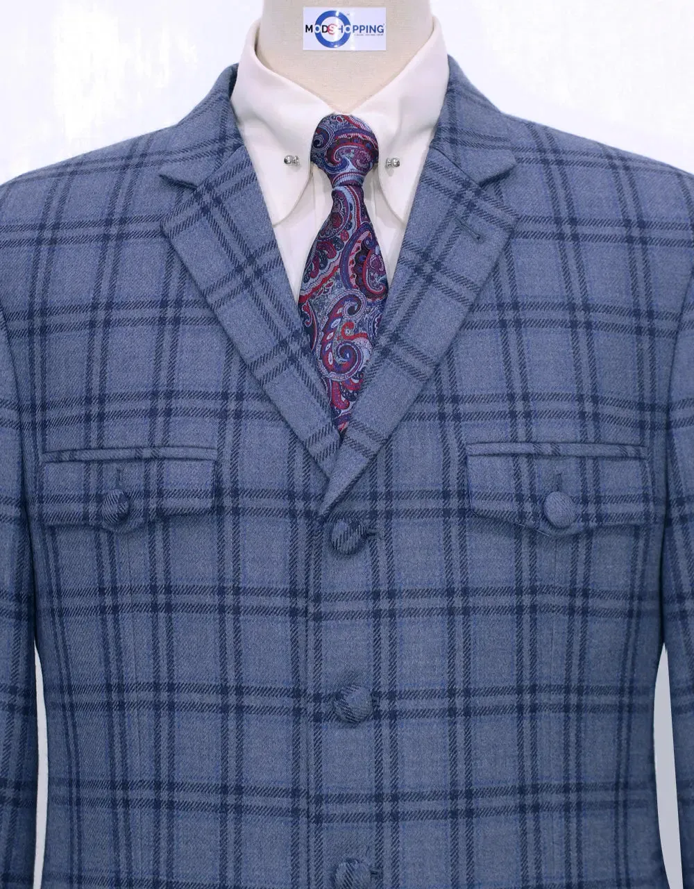 Light Blue Windowpane Check Tweed 4 Button Jacket Size 40R