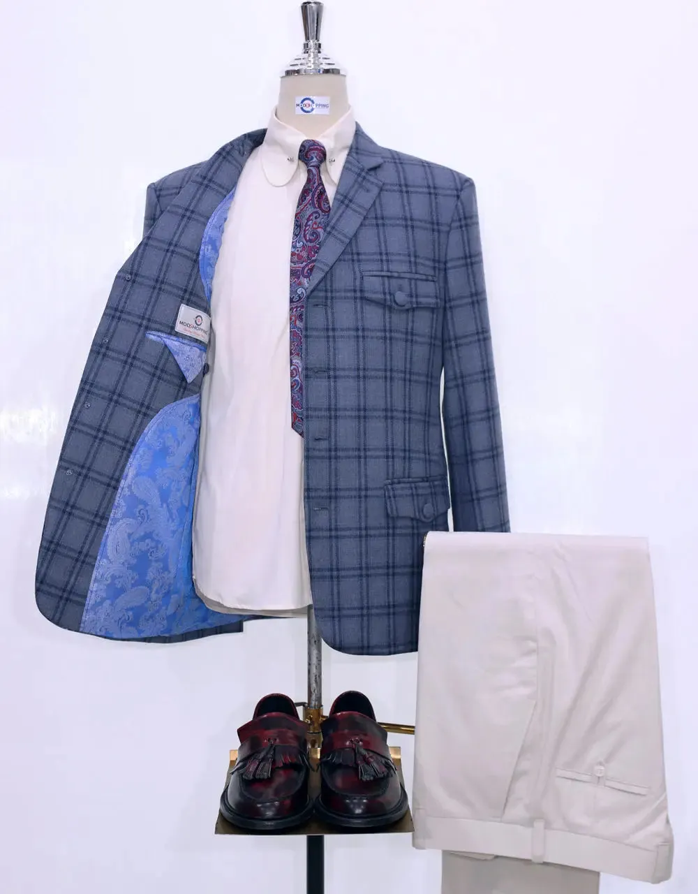 Light Blue Windowpane Check Tweed 4 Button Jacket Size 40R