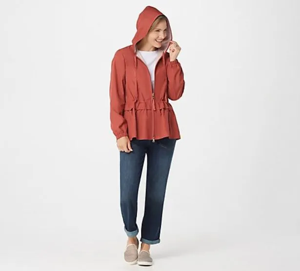 LOGO by Lori Goldstein Reversible Solid Nylon Hooded Jacket Small Red Clay