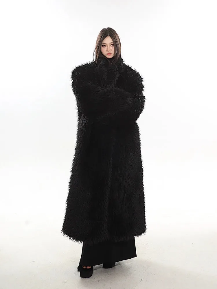 Long Shaggy Faux Fur Coat with Wide Lapels