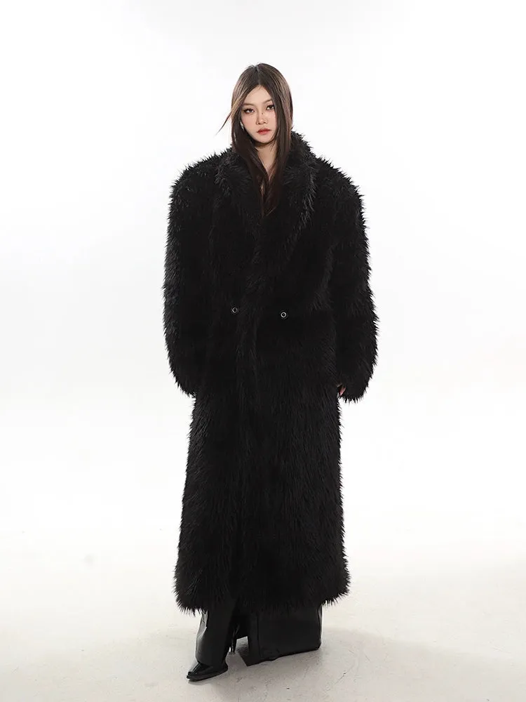 Long Shaggy Faux Fur Coat with Wide Lapels