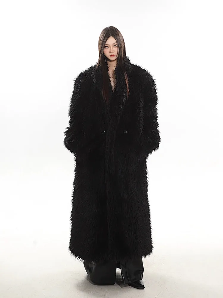 Long Shaggy Faux Fur Coat with Wide Lapels