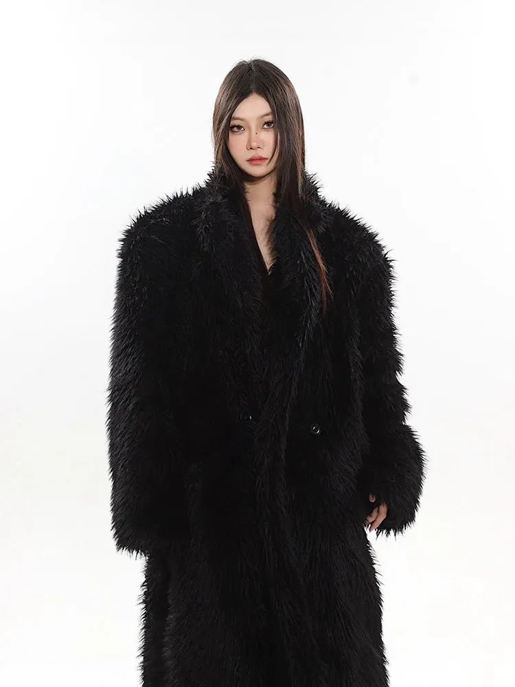 Long Shaggy Faux Fur Coat with Wide Lapels