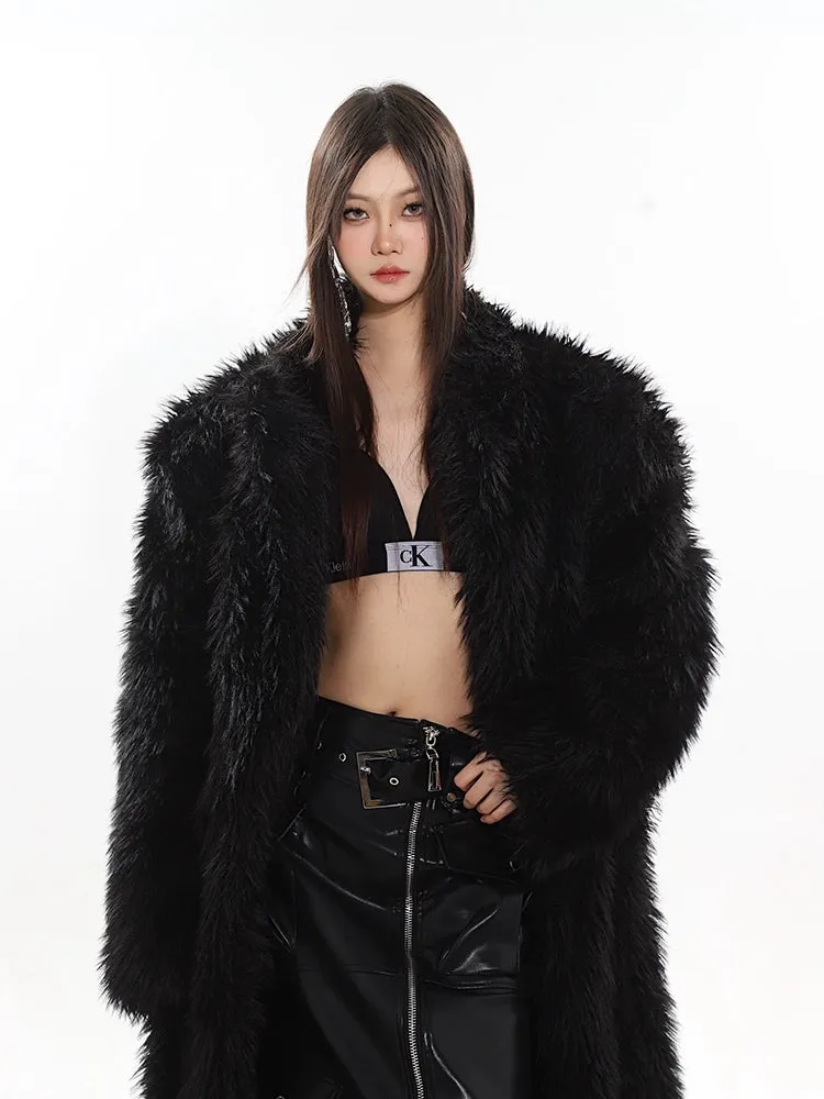 Long Shaggy Faux Fur Coat with Wide Lapels