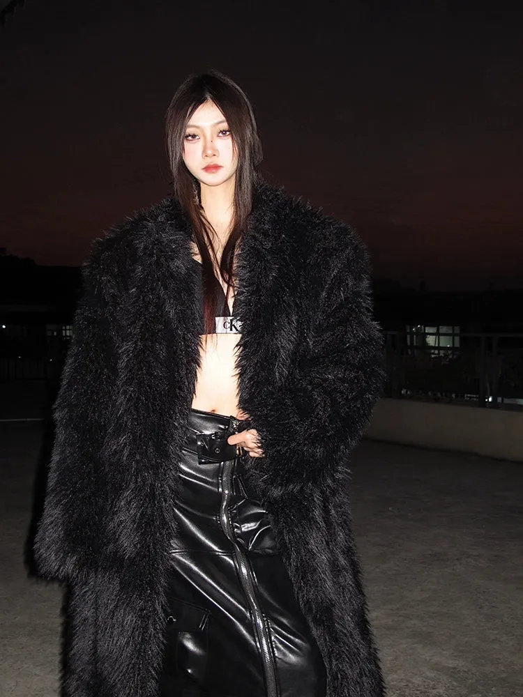 Long Shaggy Faux Fur Coat with Wide Lapels