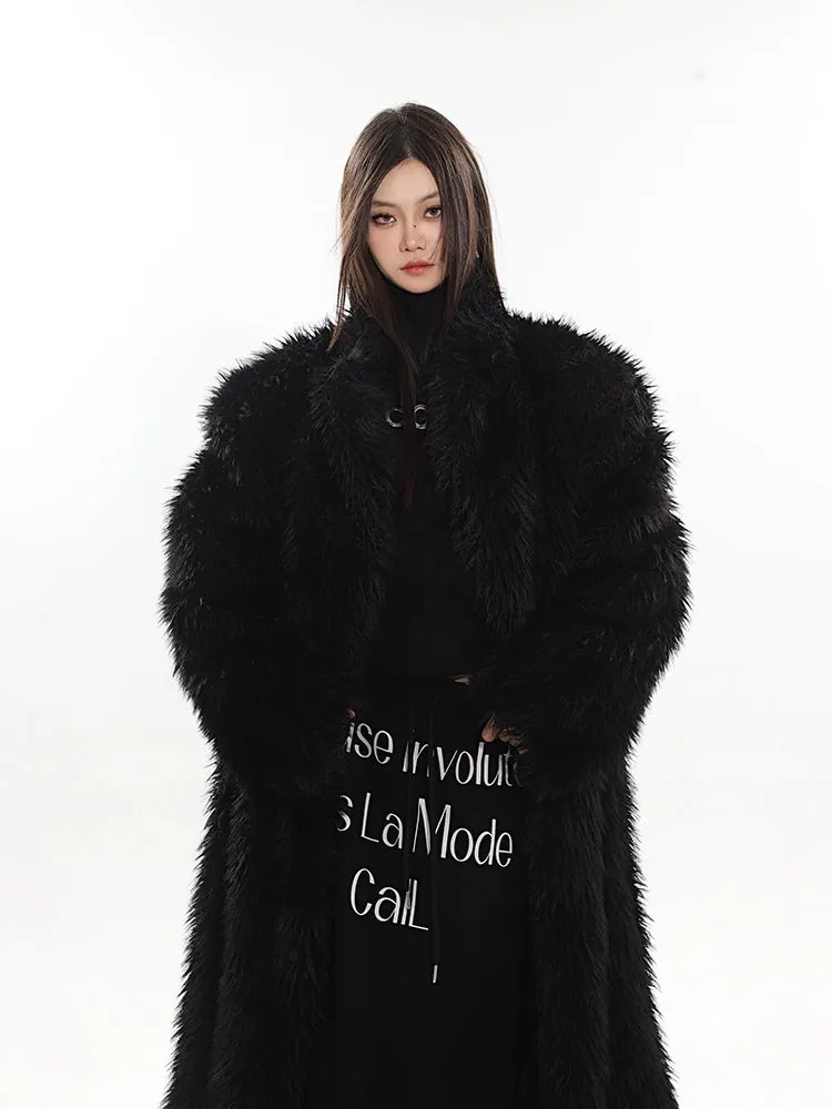 Long Shaggy Faux Fur Coat with Wide Lapels