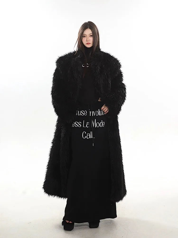 Long Shaggy Faux Fur Coat with Wide Lapels