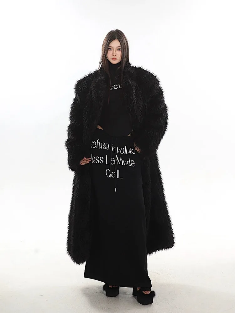 Long Shaggy Faux Fur Coat with Wide Lapels