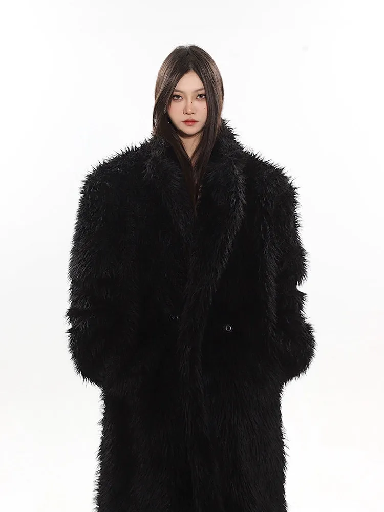 Long Shaggy Faux Fur Coat with Wide Lapels