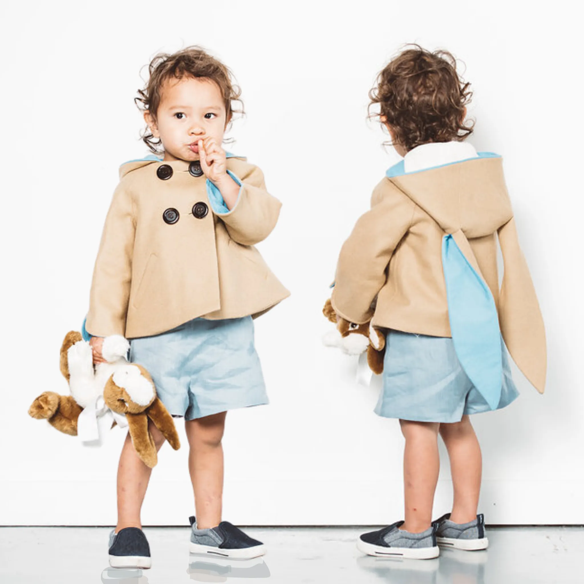 Luxe Little Rabbit Coat in Sand and Blue