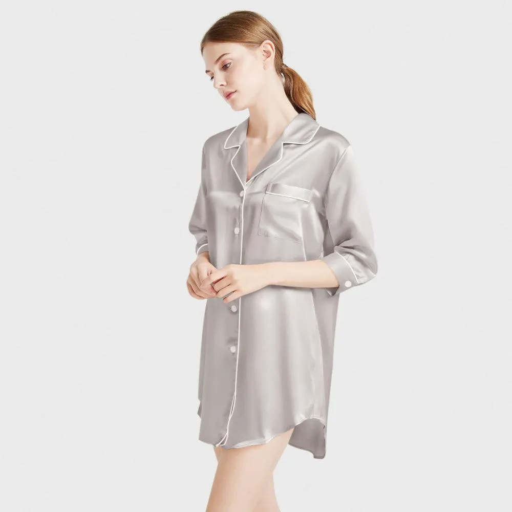 Luxury Women's 3/4 Sleeve Button Down Sleep Shirt 100% Mulberry Silk Nightgown