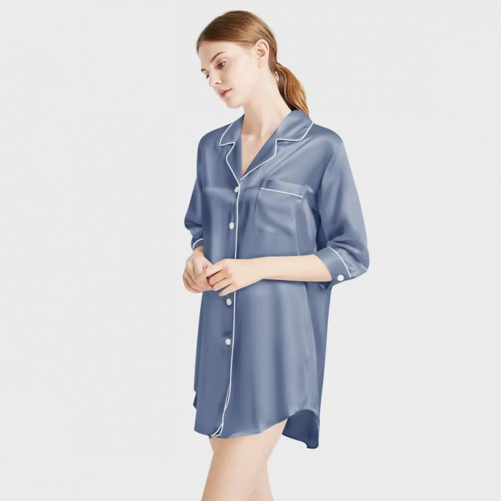 Luxury Women's 3/4 Sleeve Button Down Sleep Shirt 100% Mulberry Silk Nightgown