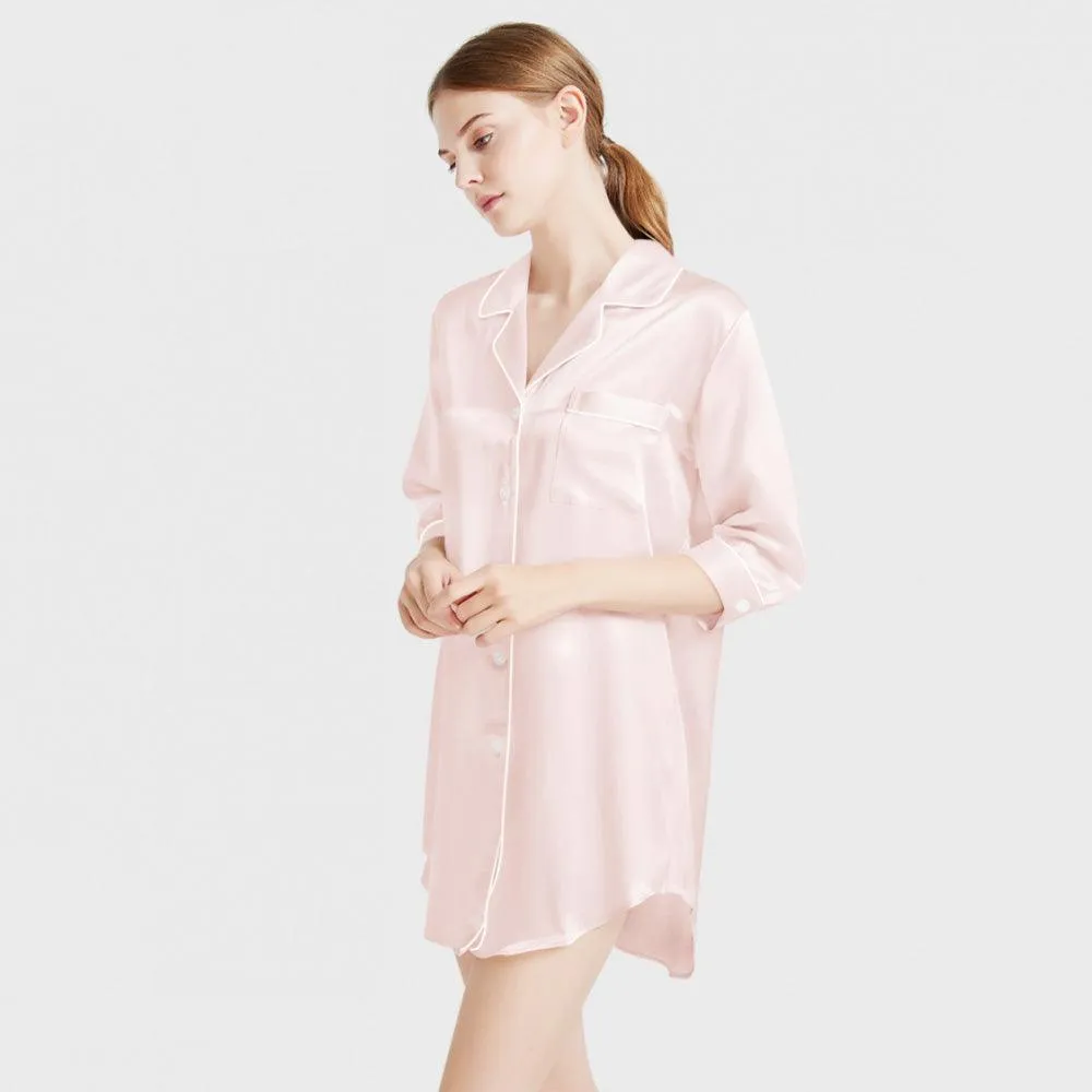 Luxury Women's 3/4 Sleeve Button Down Sleep Shirt 100% Mulberry Silk Nightgown