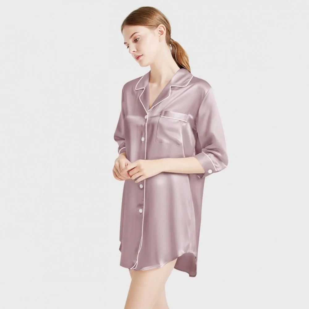 Luxury Women's 3/4 Sleeve Button Down Sleep Shirt 100% Mulberry Silk Nightgown