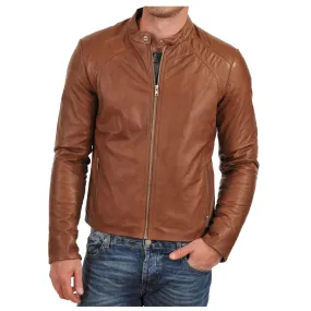 Men Brown Bomber Biker Tan Leather Jacket