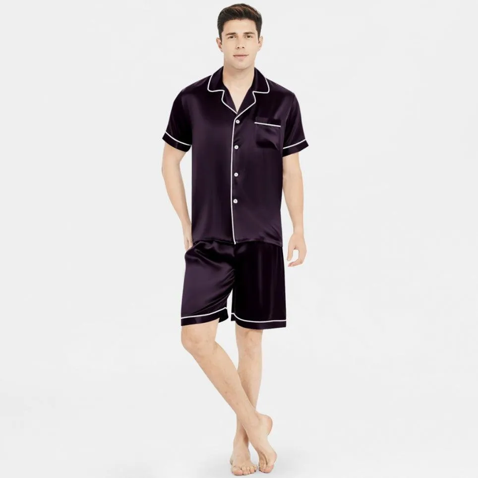 Men's 100% Silk Short Sleeve Pajamas Set Luxury Short Silk Sleepwear