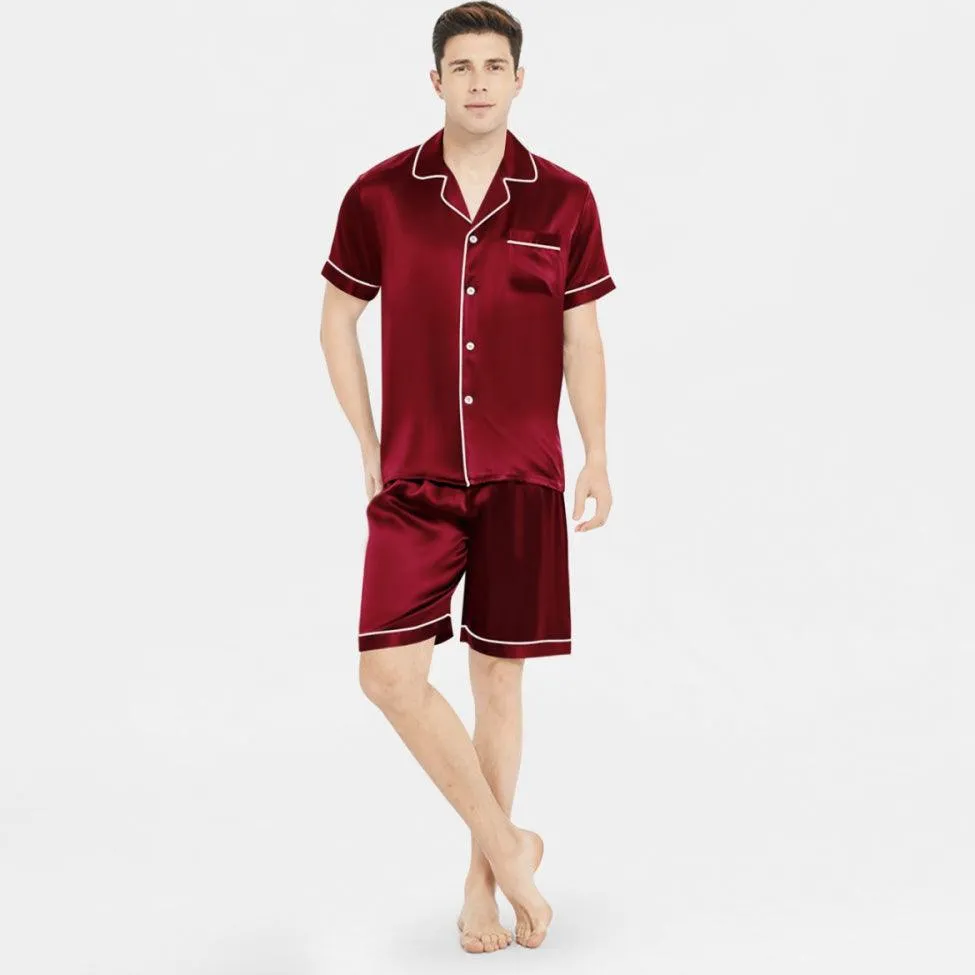 Men's 100% Silk Short Sleeve Pajamas Set Luxury Short Silk Sleepwear