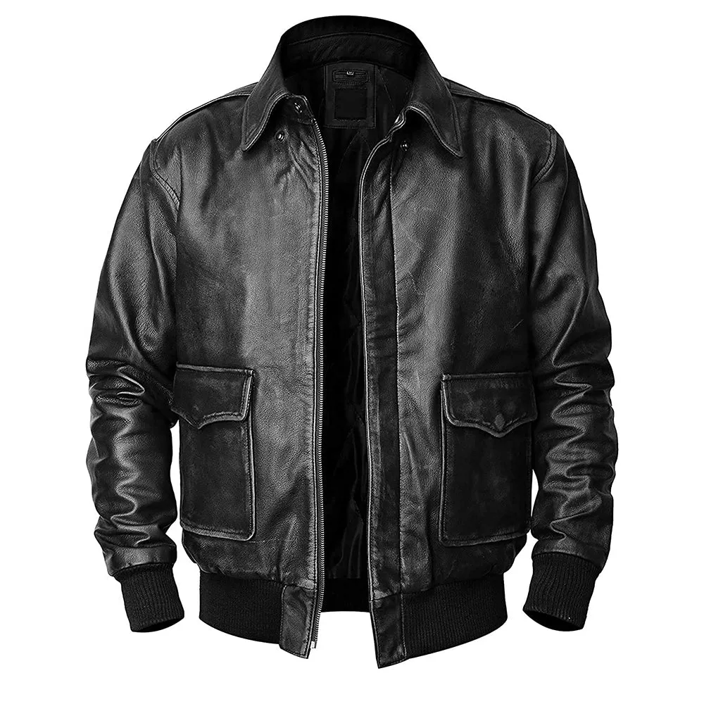 Men’s A2 Flight Aviator Black Pilot Bomber Leather Jacket