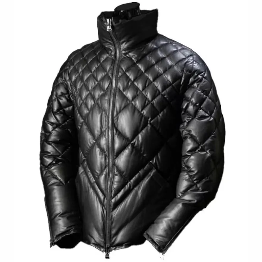 Men's Black Lambskin Leather Puffer Jacket - Leather Down Jacket