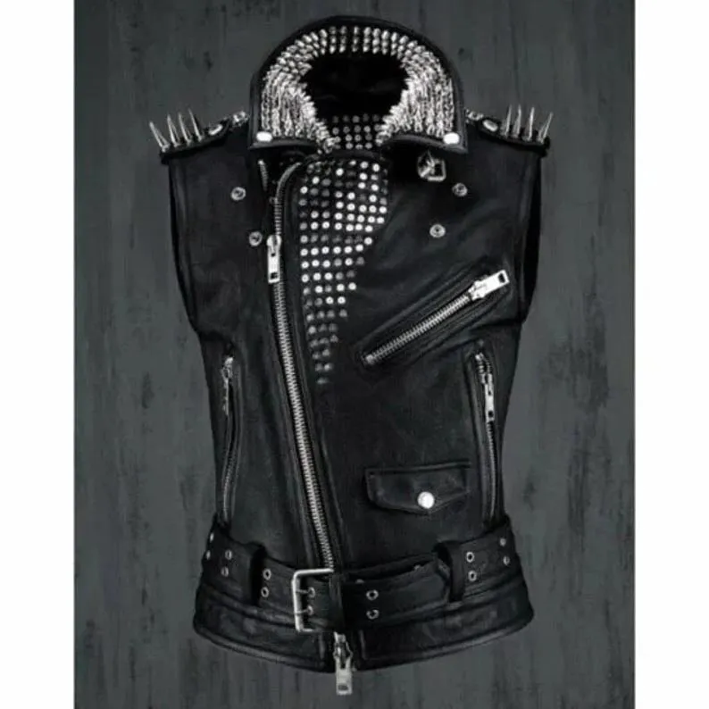 Men's Black Leather Studded Biker Punk Vest