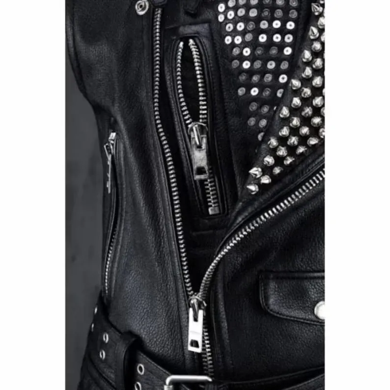 Men's Black Leather Studded Biker Punk Vest