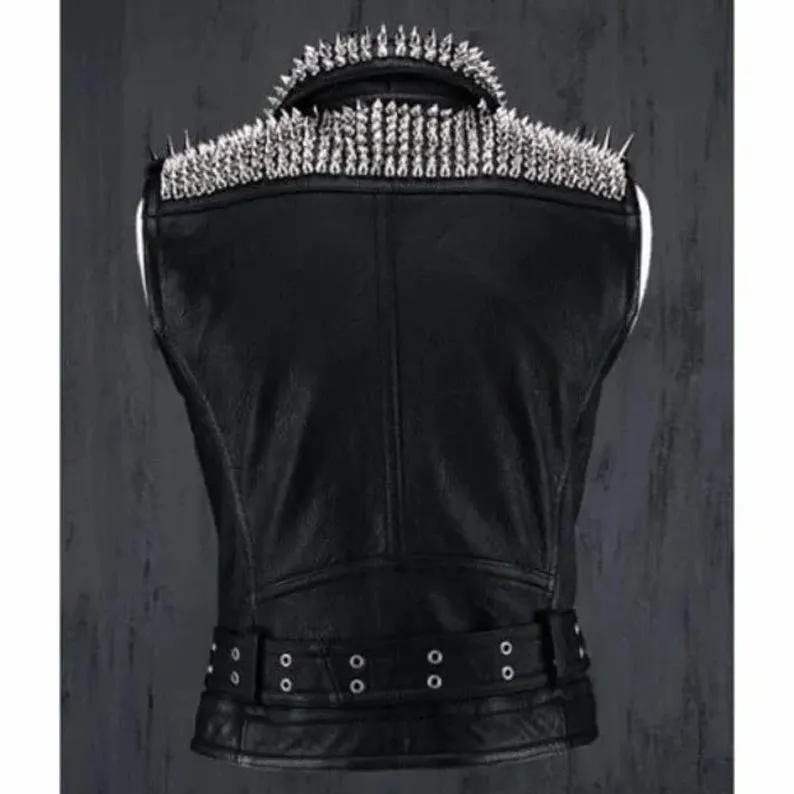 Men's Black Leather Studded Biker Punk Vest