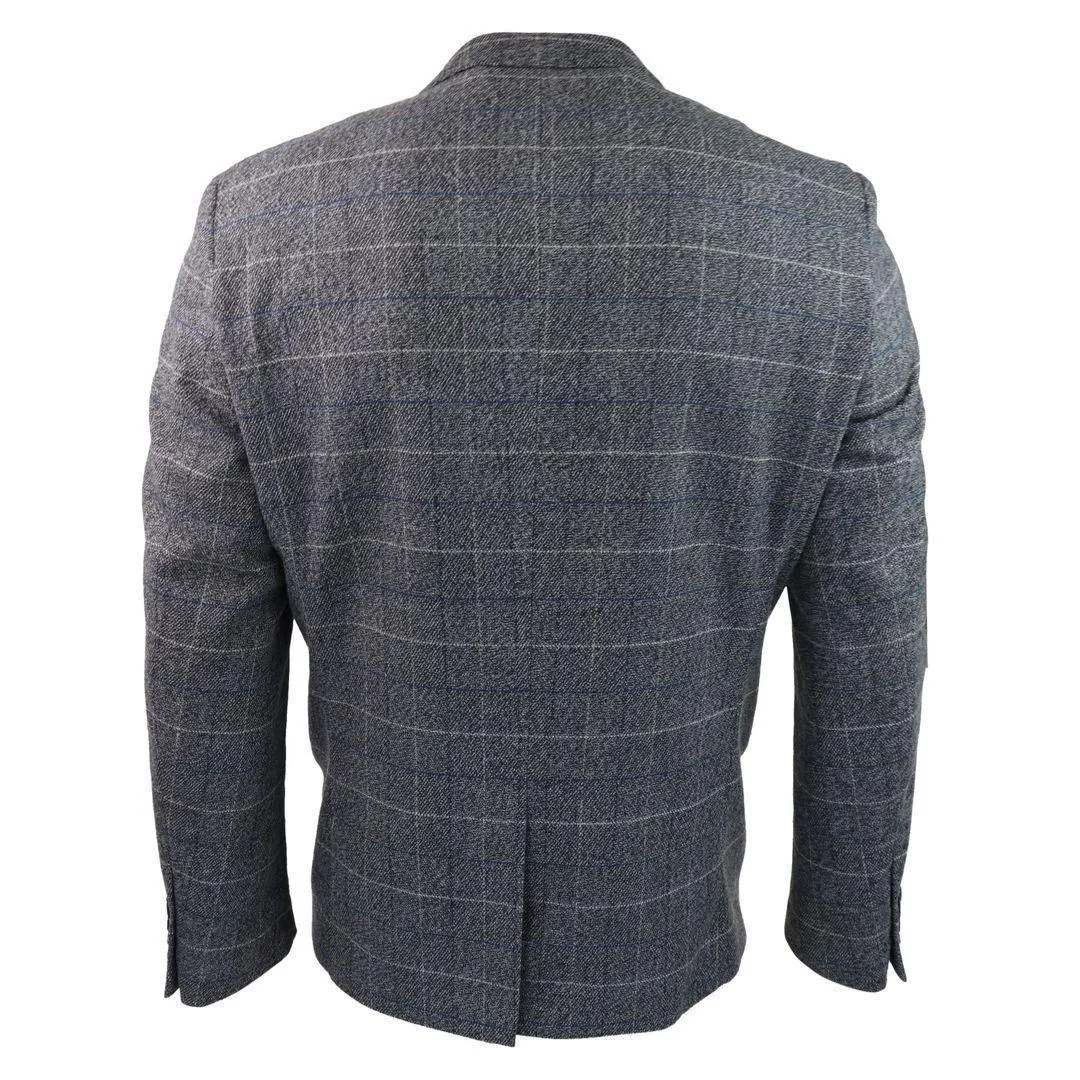 Mens Blue Check Blazer Herringbone Tweed Vintage Tailored Fit Grey Velvet