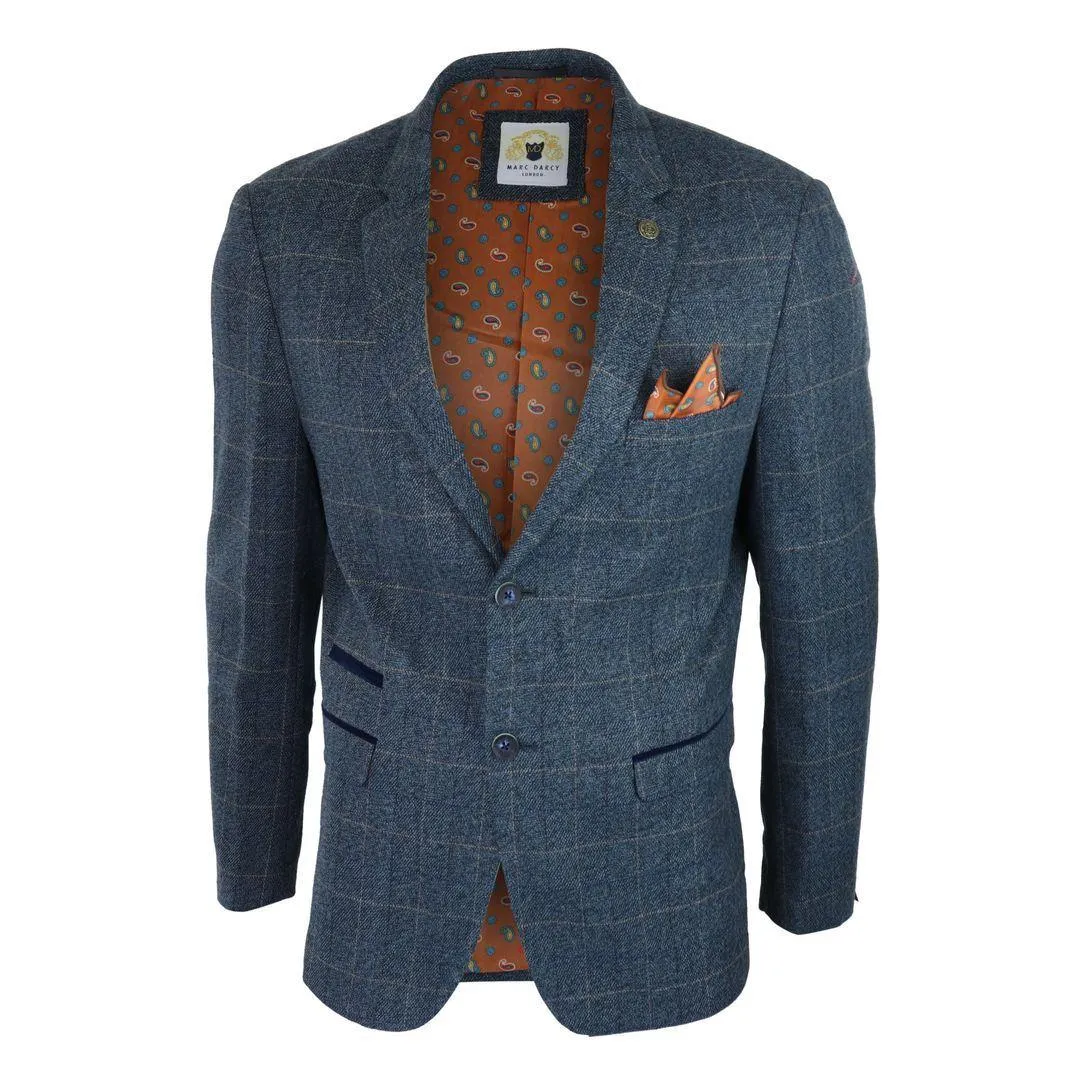 Mens Blue Check Blazer Herringbone Tweed Vintage Tailored Fit Grey Velvet