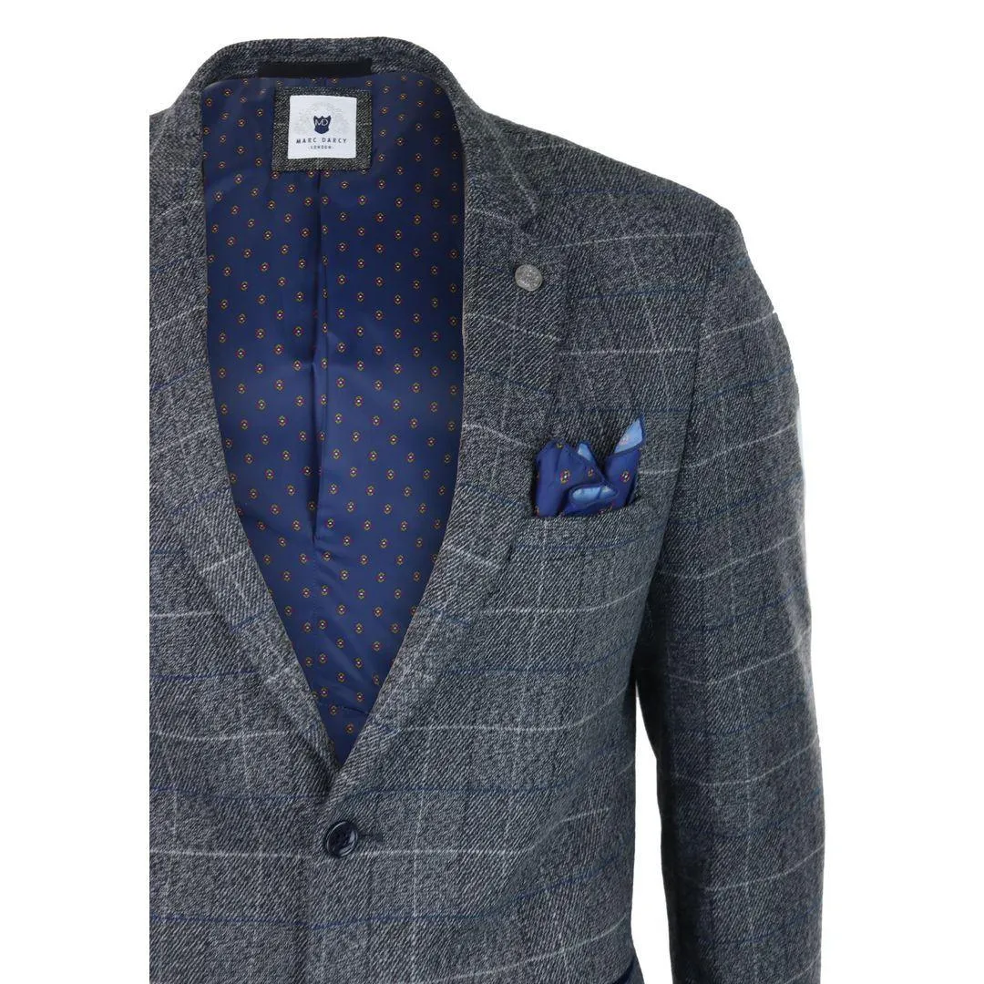 Mens Blue Check Blazer Herringbone Tweed Vintage Tailored Fit Grey Velvet