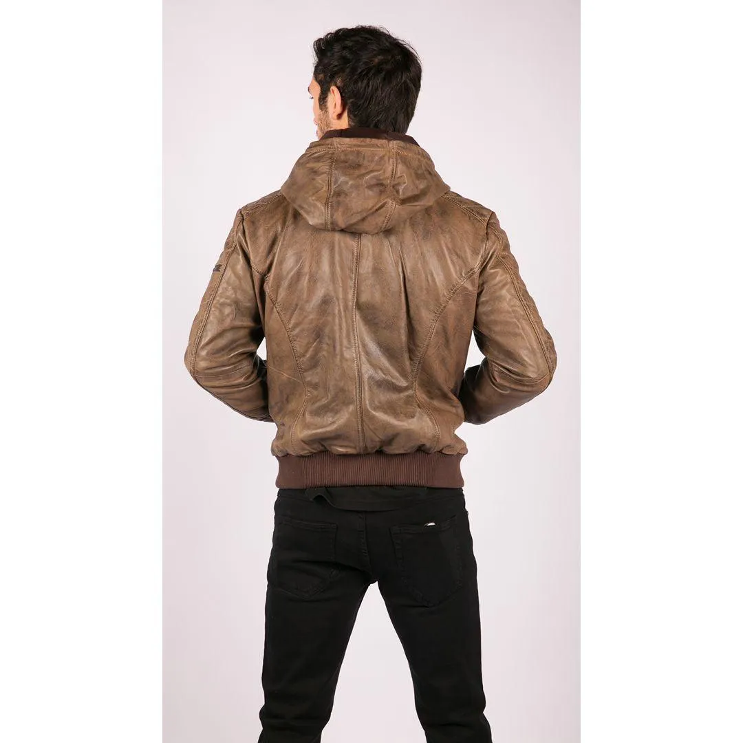 Mens Brown Washed Distressed Removable Hood Bomber Leather Jacket Quilted