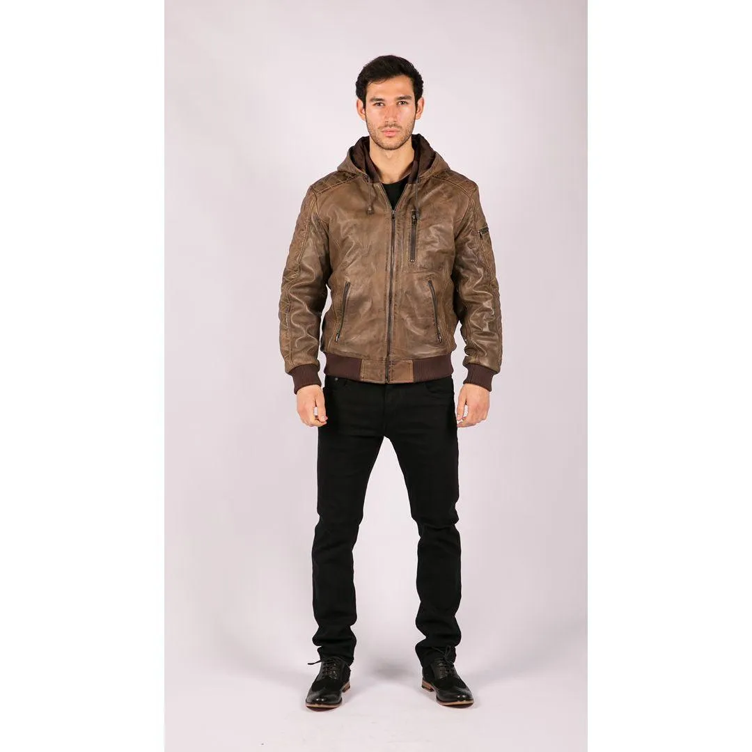 Mens Brown Washed Distressed Removable Hood Bomber Leather Jacket Quilted