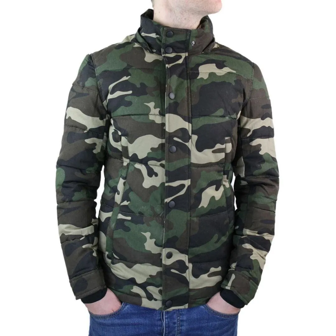 Mens Camo Camouflage Quilted Padded Puffer Jacket Hood Fur Removable