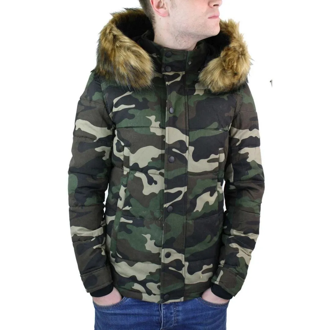 Mens Camo Camouflage Quilted Padded Puffer Jacket Hood Fur Removable